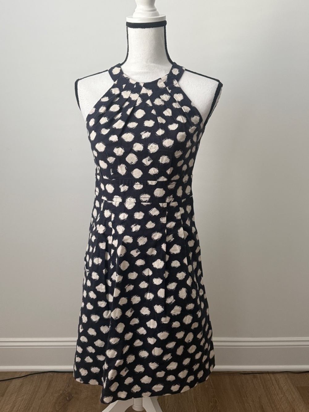 LOFT Sleeveless Navy and Cream Halter Dress, Size 2 Petite